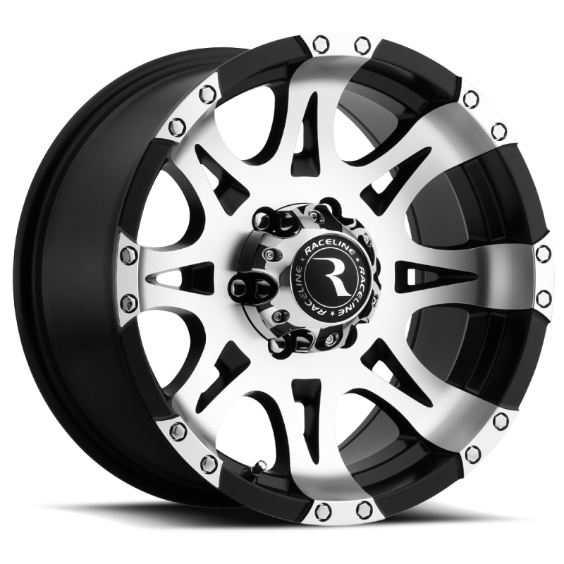 Raceline 982 Raptor 18x9in / 6x135 BP / 25mm Offset / 87.1mm Bore - Black & Machined Wheel