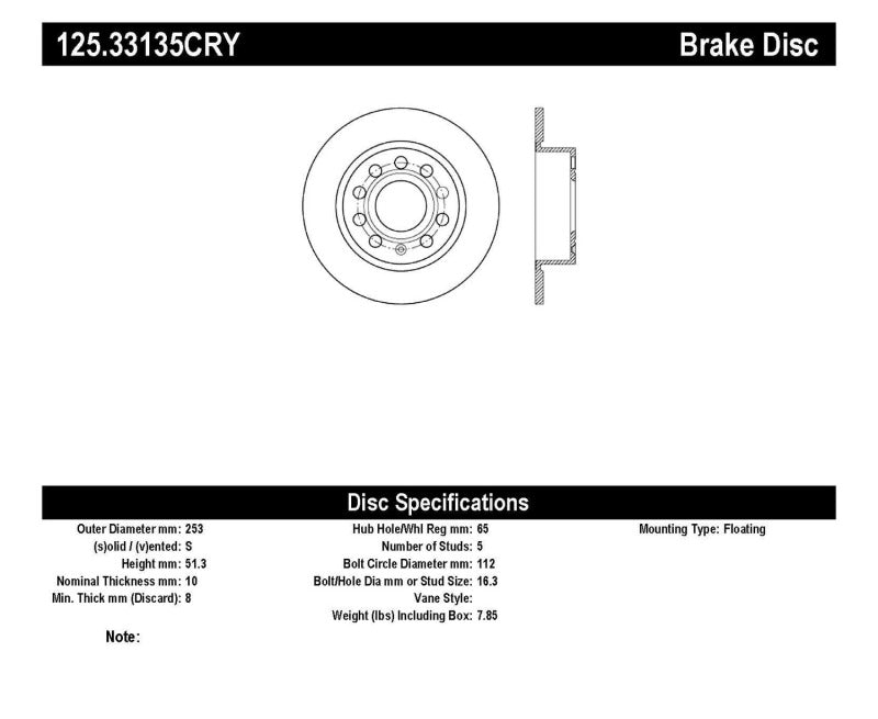 Stoptech 06-19 Audi A3 Premium High-Carbon CRYO-STOP Rear Rotor