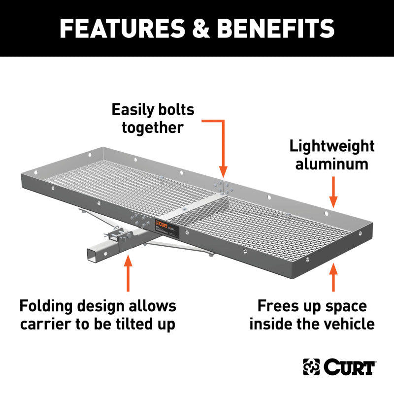 Curt 60in x 20in Aluminum Tray-Style Cargo Carrier (Folding 2in Shank)