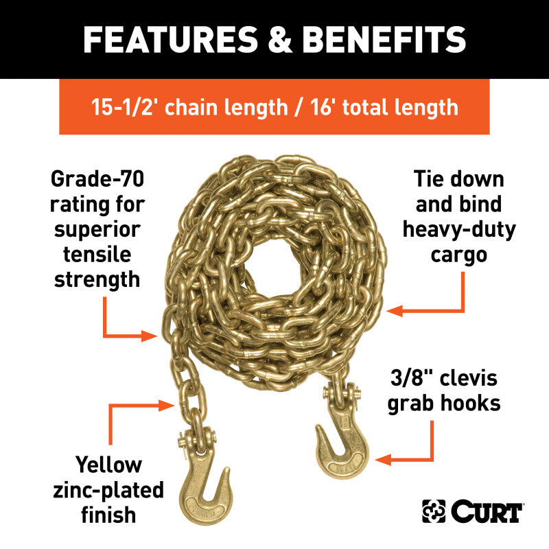 Curt 16ft Transport Binder Safety Chain w/2 Clevis Hooks (26400lbs Yellow Zinc)