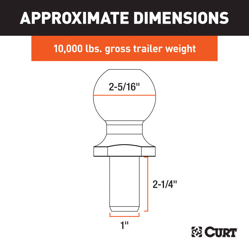 Curt 2-5/16in Trailer Ball (1in x 2-1/4in Shank 10000lbs Chrome)