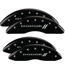 Load image into Gallery viewer, MGP 4 Caliper Covers Engraved Front &amp; Rear With stripes/Dodge Black finish silver ch