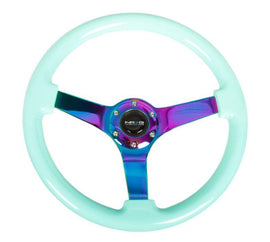 NRG Reinforced Steering Wheel (350mm / 3in. Deep) Minty Fresh Wood Grain w/Neochrome 3-Spoke Center