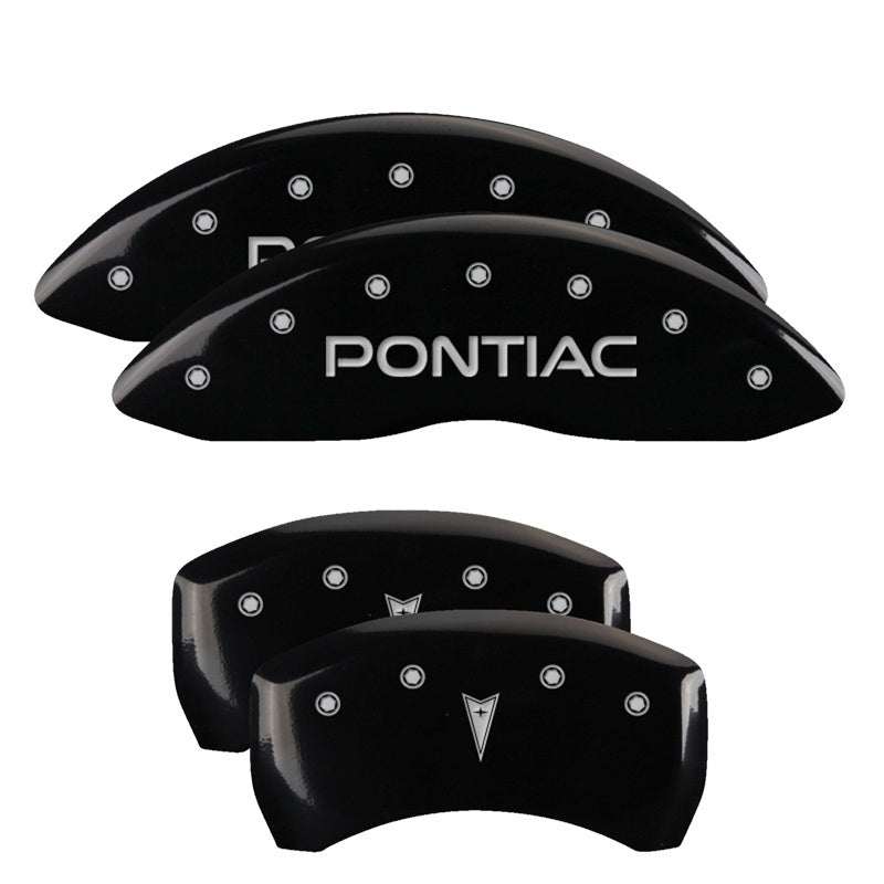 MGP 4 Caliper Covers 98-02 Pontiac Firebird (Ex WS6) Front Pontiac Rear Arrow Blk Finish Silver Char