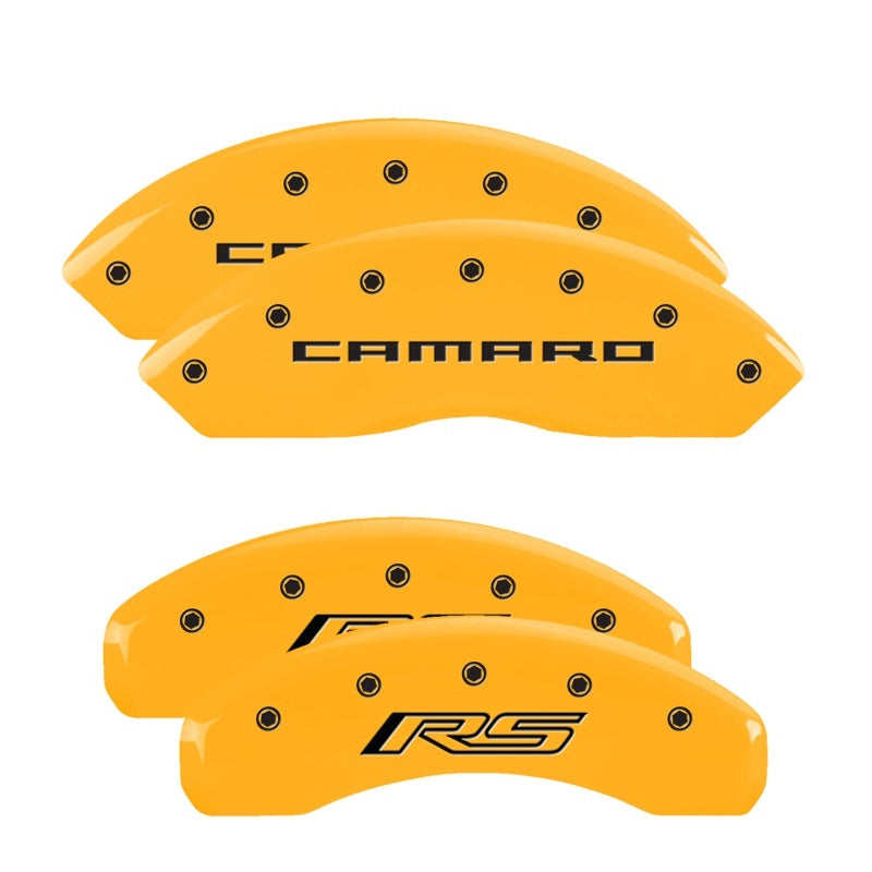 MGP 4 Caliper Covers Engraved Front Gen 5/Camaro Engraved Rear Gen 5/RS Yellow finish black ch