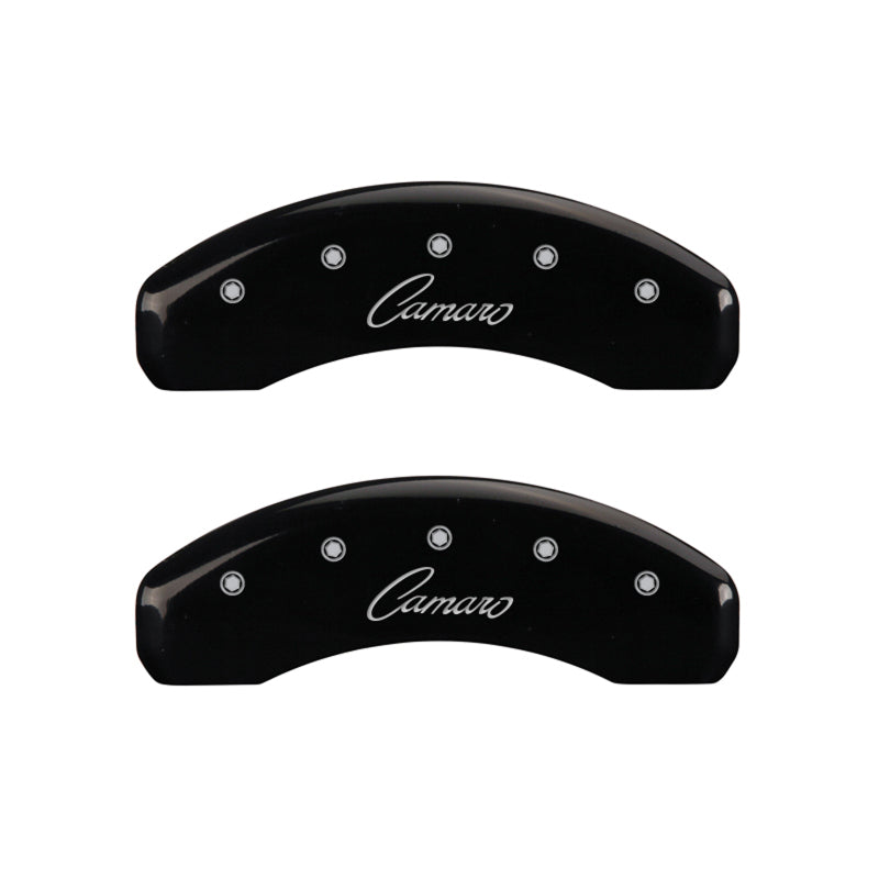 MGP 4 Caliper Covers Engraved Front & Rear Cursive/Camaro Black finish silver ch