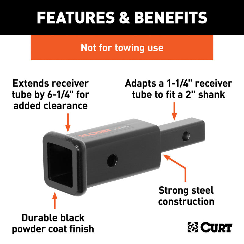 Curt Receiver Tube Adapter (1-1/4in to 2in Shank Not for Towing Use 6-1/4in Length)