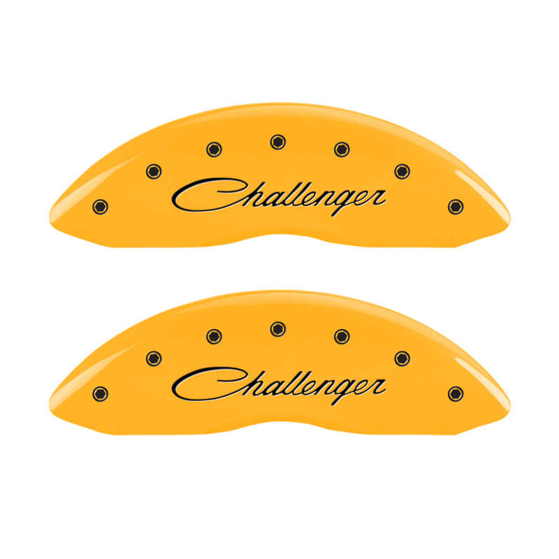 MGP 4 Caliper Covers Engraved Front & Rear Cursive/Challenger Yellow finish black ch