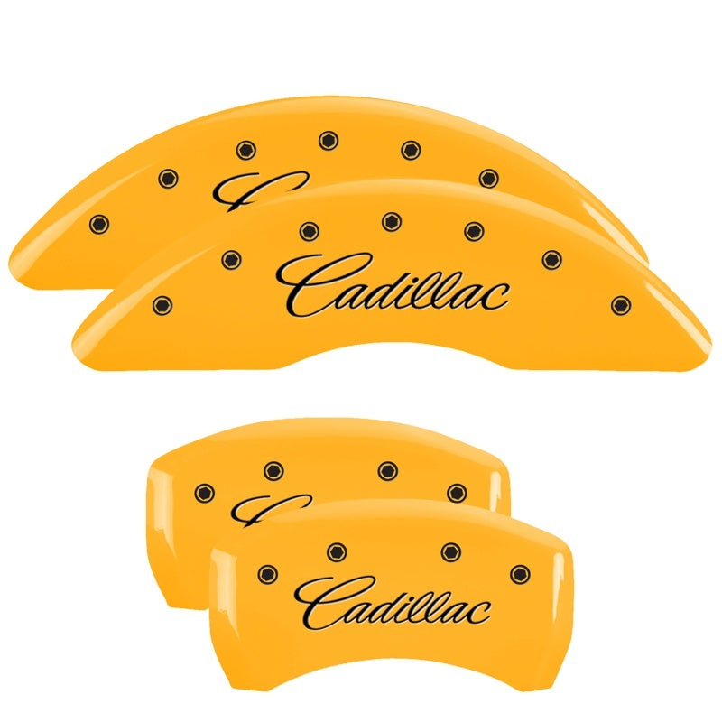 MGP 4 Caliper Covers Engraved Front & Rear Cursive/Cadillac Yellow finish black ch