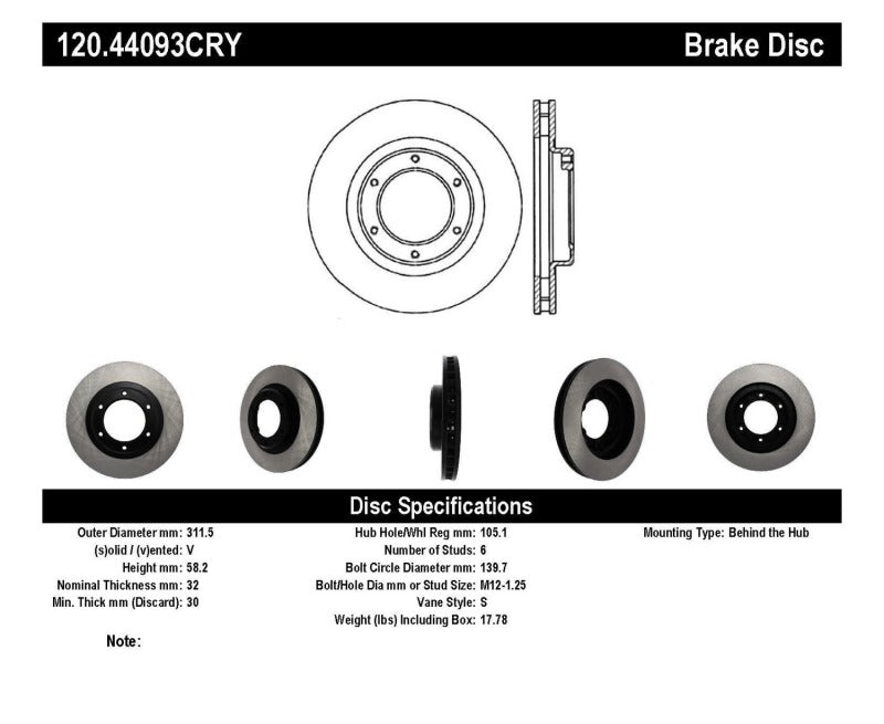 Stoptech 96-97 Toyota LX450 Front CryoStop Rotor