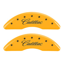 Load image into Gallery viewer, MGP 4 Caliper Covers Engraved Front &amp; Rear Cursive/Cadillac Yellow finish black ch