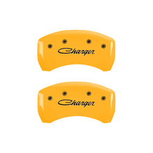 Load image into Gallery viewer, MGP 4 Caliper Covers Engraved Front &amp; Rear Cursive/Charger Yellow finish black ch