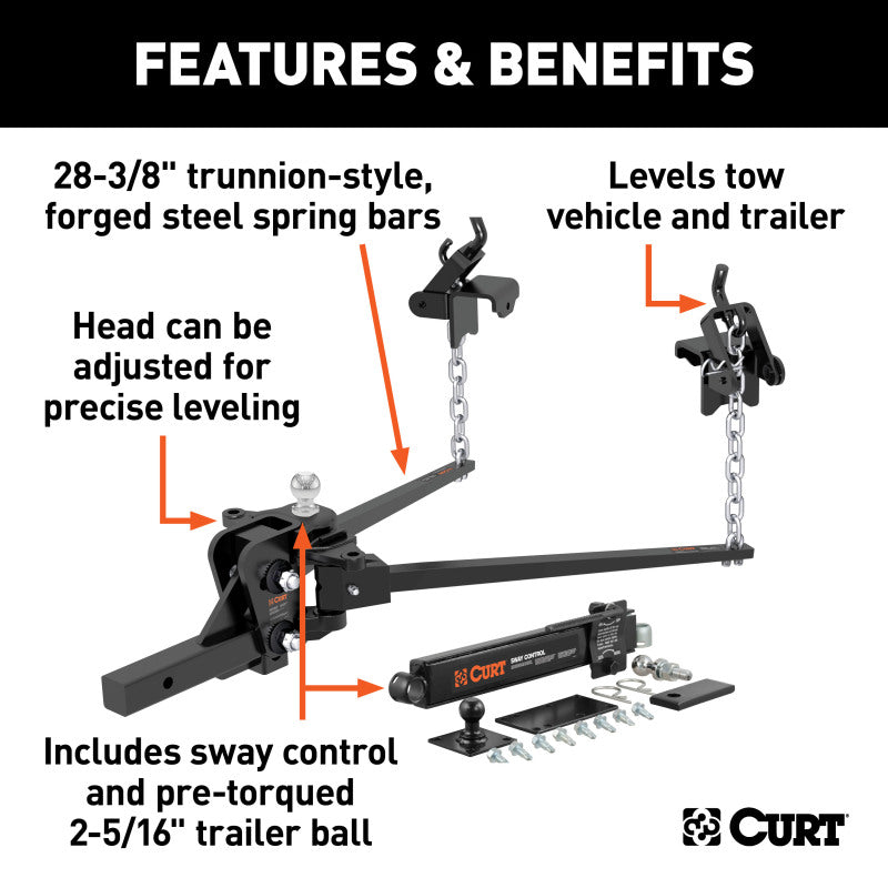 Curt Short Trunnion Bar Weight Distribution Hitch Kit (8000-10000lbs 28-3/8in Bars)