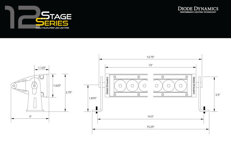 Diode Dynamics 12 In LED Light Bar Single Row Straight - Amber Flood Each Stage Series