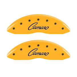 MGP 4 Caliper Covers Engraved Front & Rear Cursive/Camaro Yellow finish black ch