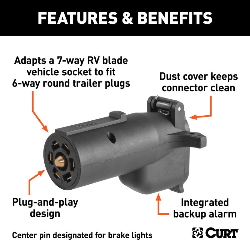 Curt Adapter w/Alarm (7-Way RV Blade to 6-Way Round Trailer Center Pin Brake)