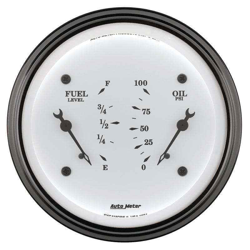 AutoMeter Gauge Dual Fuel & Oilp 3-3/8in. 0 Ohm(e) to 90 Ohm(f)& 100PSI Elec Old Tyme White