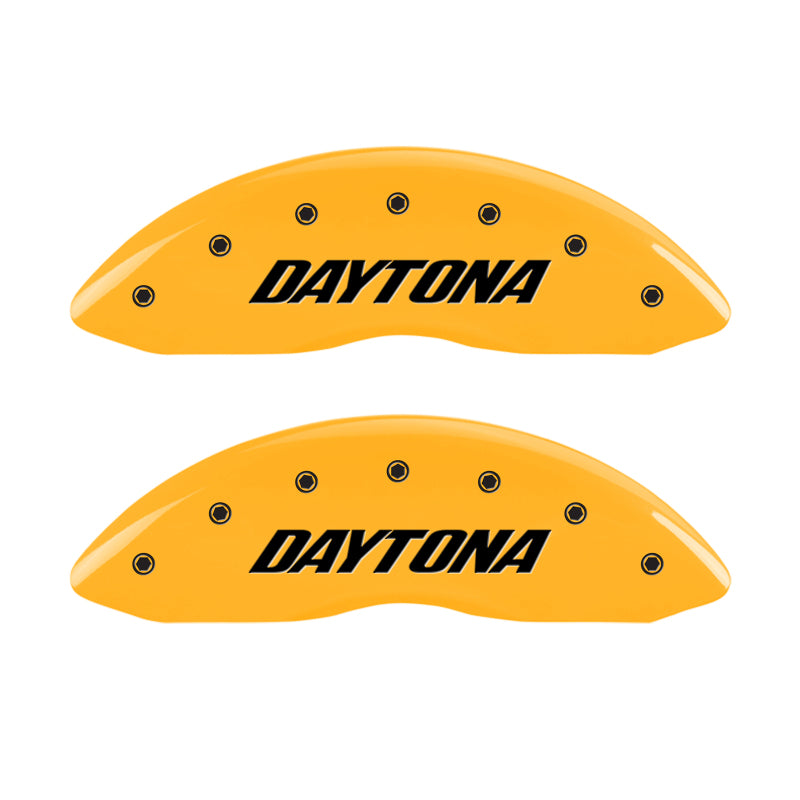 MGP 4 Caliper Covers Engraved Front & Rear Daytona Yellow finish black ch