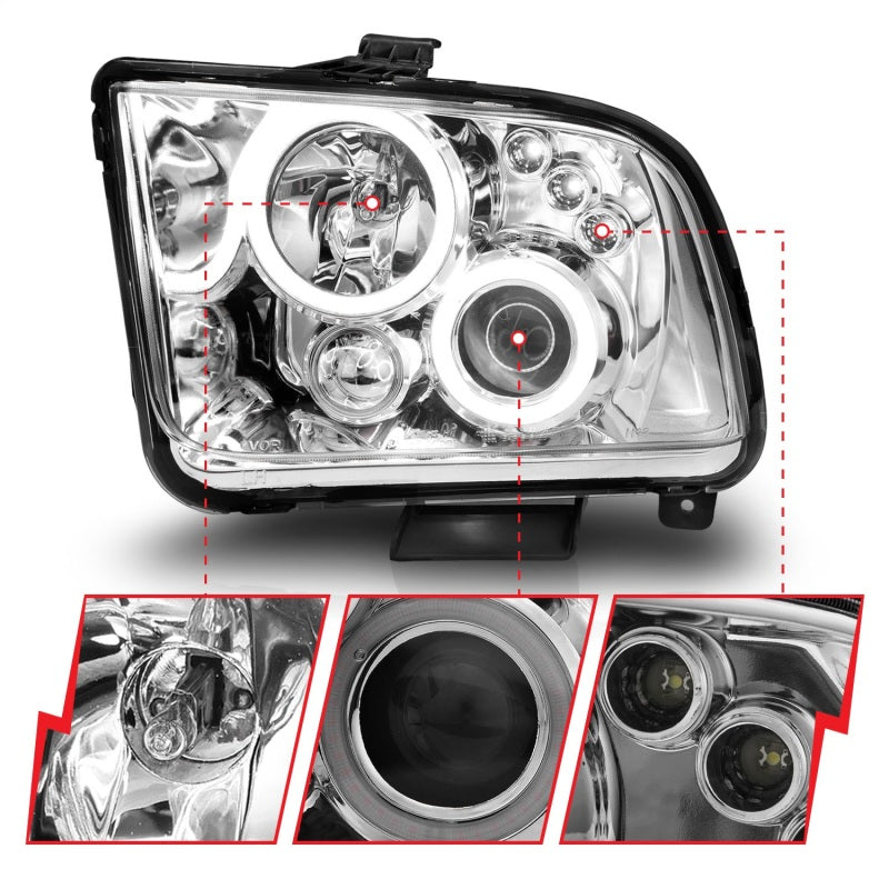 ANZO 2005-2009 Ford Mustang Projector Headlights w/ Halo Chrome