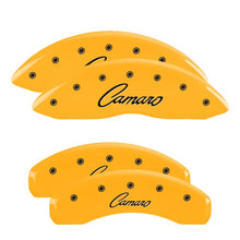 Load image into Gallery viewer, MGP 4 Caliper Covers Engraved Front &amp; Rear Cursive/Camaro Yellow finish black ch