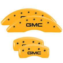 Load image into Gallery viewer, MGP 4 Caliper Covers Engraved Front &amp; Rear GMC Yellow finish black ch