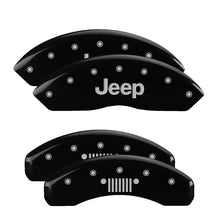 Load image into Gallery viewer, MGP 4 Caliper Covers Engraved Front Jeep Rear Grill Logo Black Finish Silver Char 2018 Jeep Wrangler