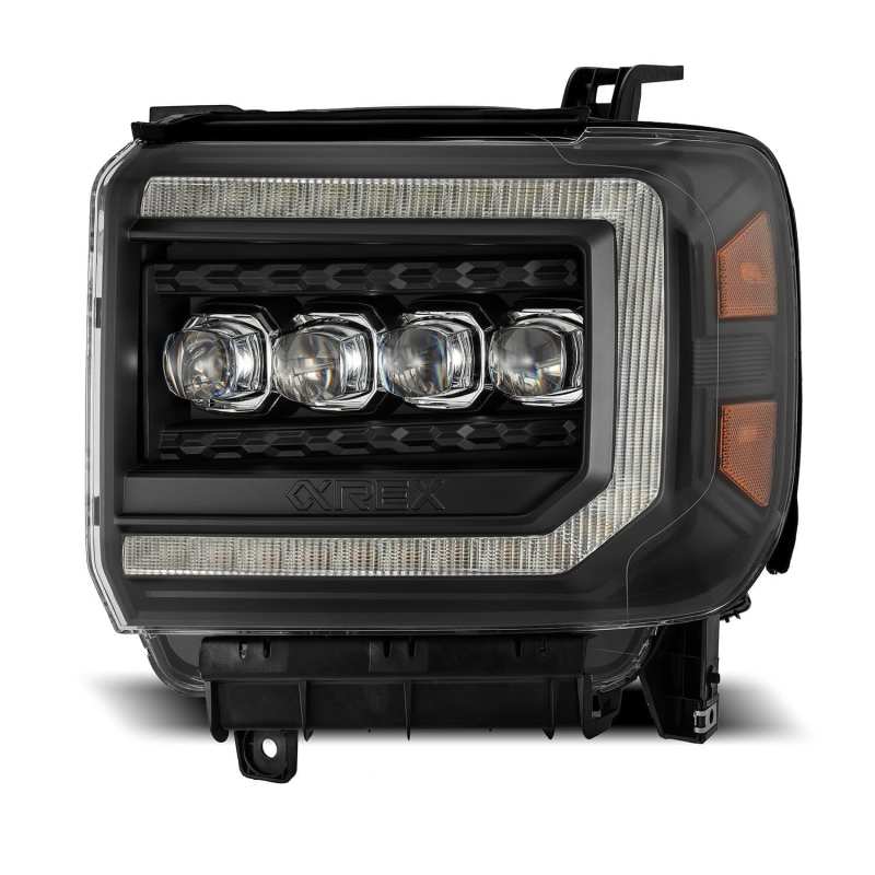 AlphaRex 14-18 GMC Sierra NOVA LED Proj Headlights Plank Style Black w/Activ Light/Seq Signal/DRL