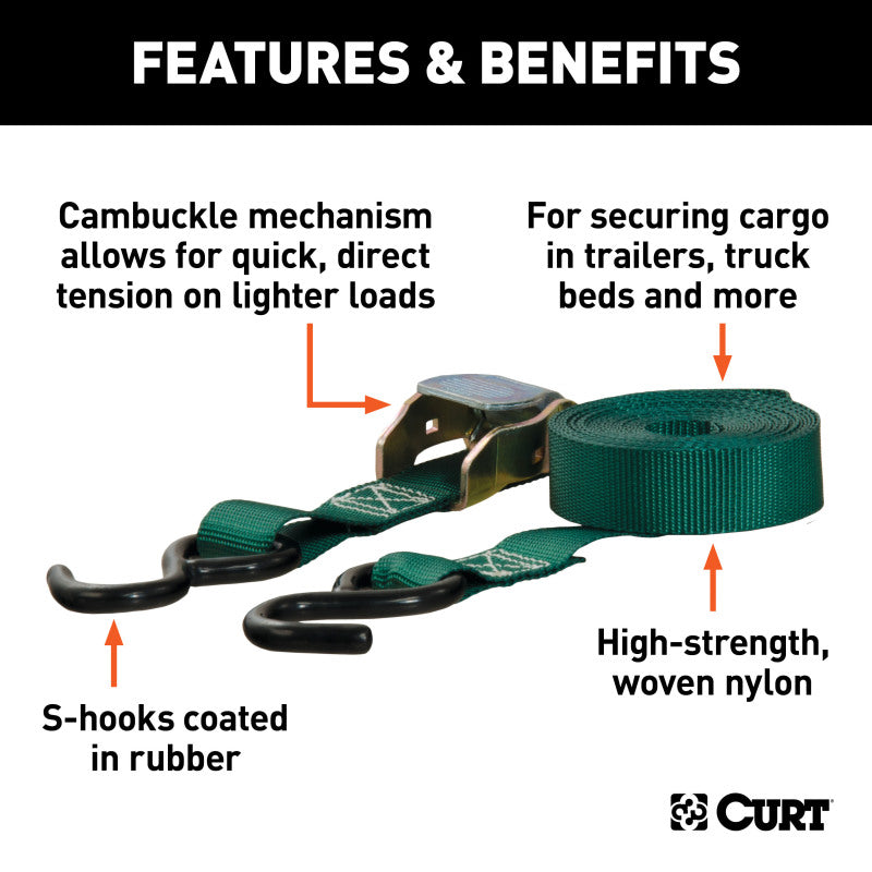 Curt 15ft Dark Green Cargo Straps w/S-Hooks (300lbs 2-Pack)