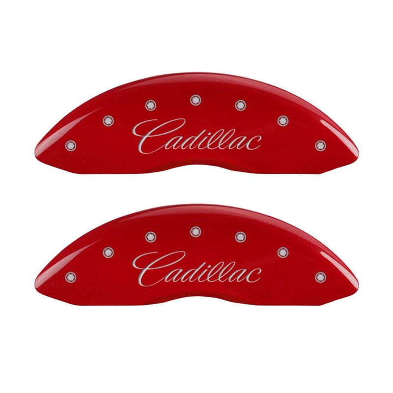 MGP 4 Caliper Covers Engraved Front Cursive/Cadillac Engraved Rear CTS4 Red finish silver ch