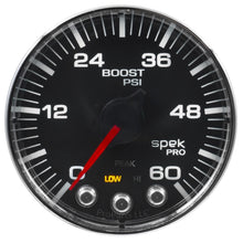 Load image into Gallery viewer, Autometer Spek-Pro Gauge Boost 2 1/16in 60psi Stepper Motor W/Peak &amp; Warn Blk/Chrm