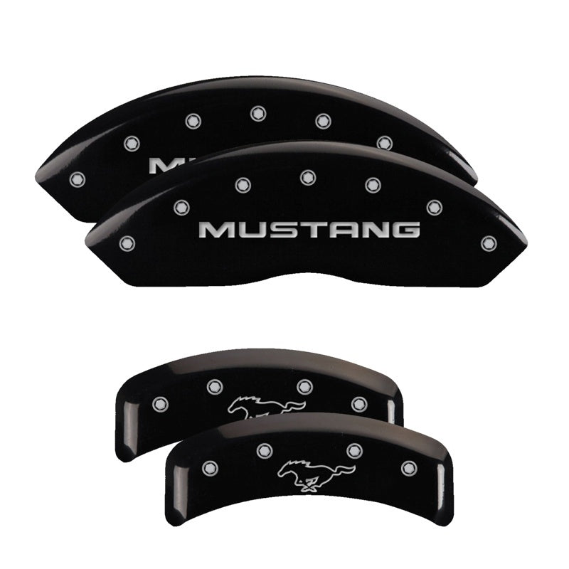 MGP 4 Caliper Covers Engraved Front Mustang Engraved Rear Pony Black finish silver ch