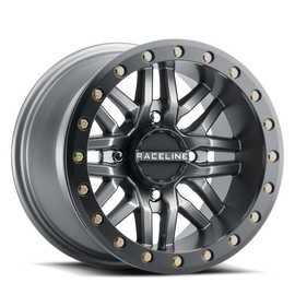 Raceline A91G Ryno 14x7in/4x156 BP/10mm Offset/132.5mm Bore - Gunmetal & Black Ring Beadlock Wheel