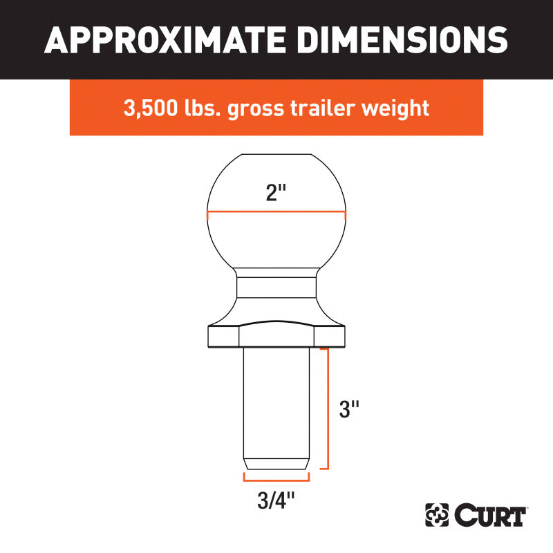 Curt 2in Trailer Ball (3/4in x 3in Shank 3500lbs Chrome Packaged)