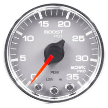 Load image into Gallery viewer, Autometer Spek-Pro Gauge Boost 2 1/16in 35psi Stepper Motor W/Peak &amp; Warn Silver/Chrome