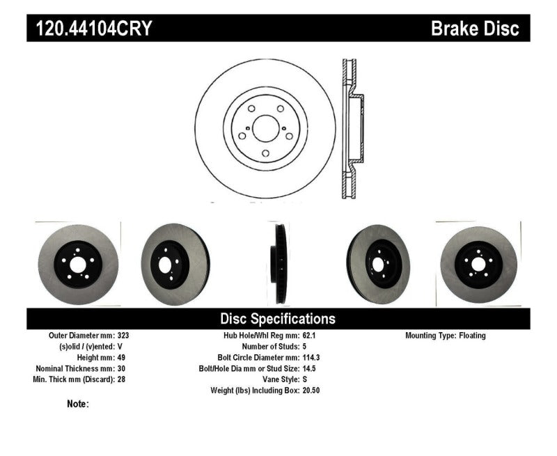 Stoptech 93-98 Toyota Supra Right Front Premium Cryostop Rotor