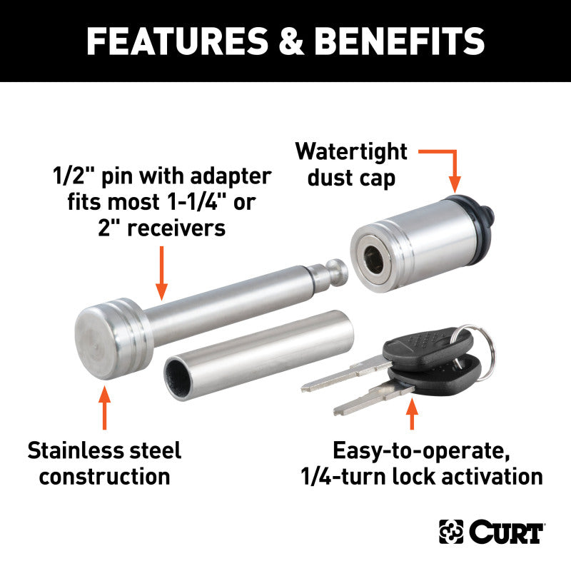 Curt 1/2in Hitch Lock w/5/8in Adapter (1-1/4in or 2in Receiver Barbell Stainless)