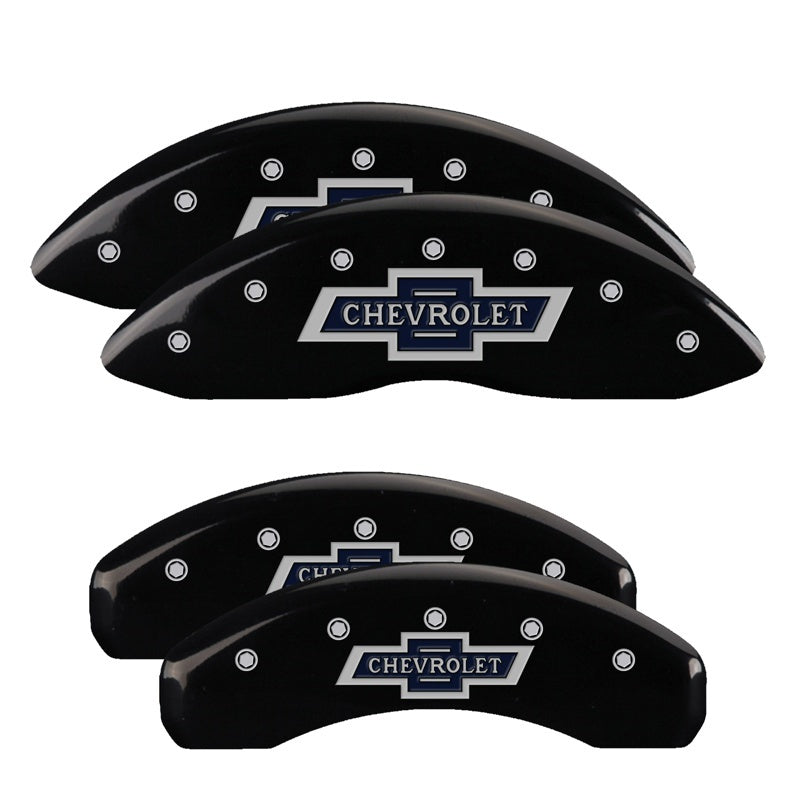 MGP 4 Caliper Covers Engraved Front & Rear Chevrolet 100 Anniversary Logo Black Finish Silver Charac