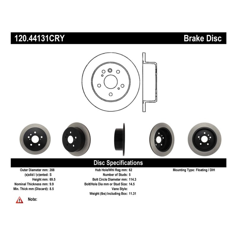 Stoptech 04-09 Lexus RX Rear Premium Cryostop Brake Rotor