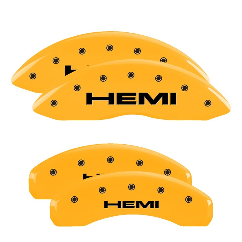 MGP 4 Caliper Covers Engraved Front & Rear 11-18 Jeep Grand Cherokee Yellow Finish Black Hemi Logo