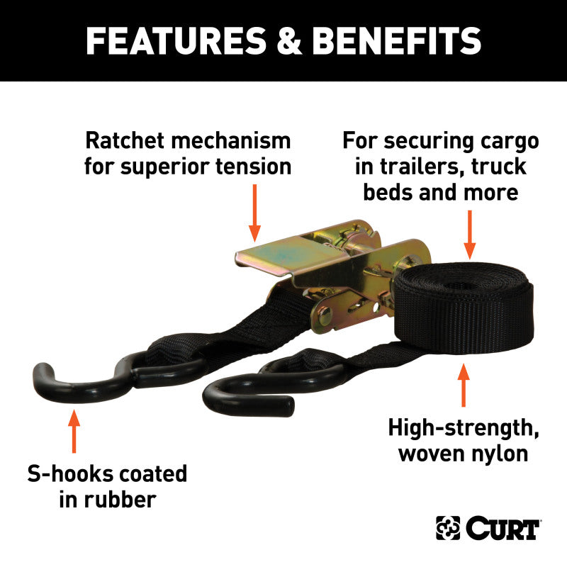 Curt 10ft Black Cargo Straps w/S-Hooks (500lbs 2-Pack)