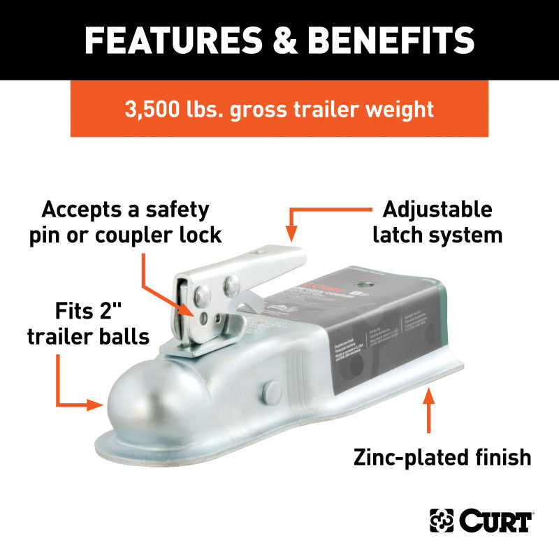 Curt 2in Straight-Tongue Coupler w/Posi-Lock (3in Channel 3500lbs Zinc)